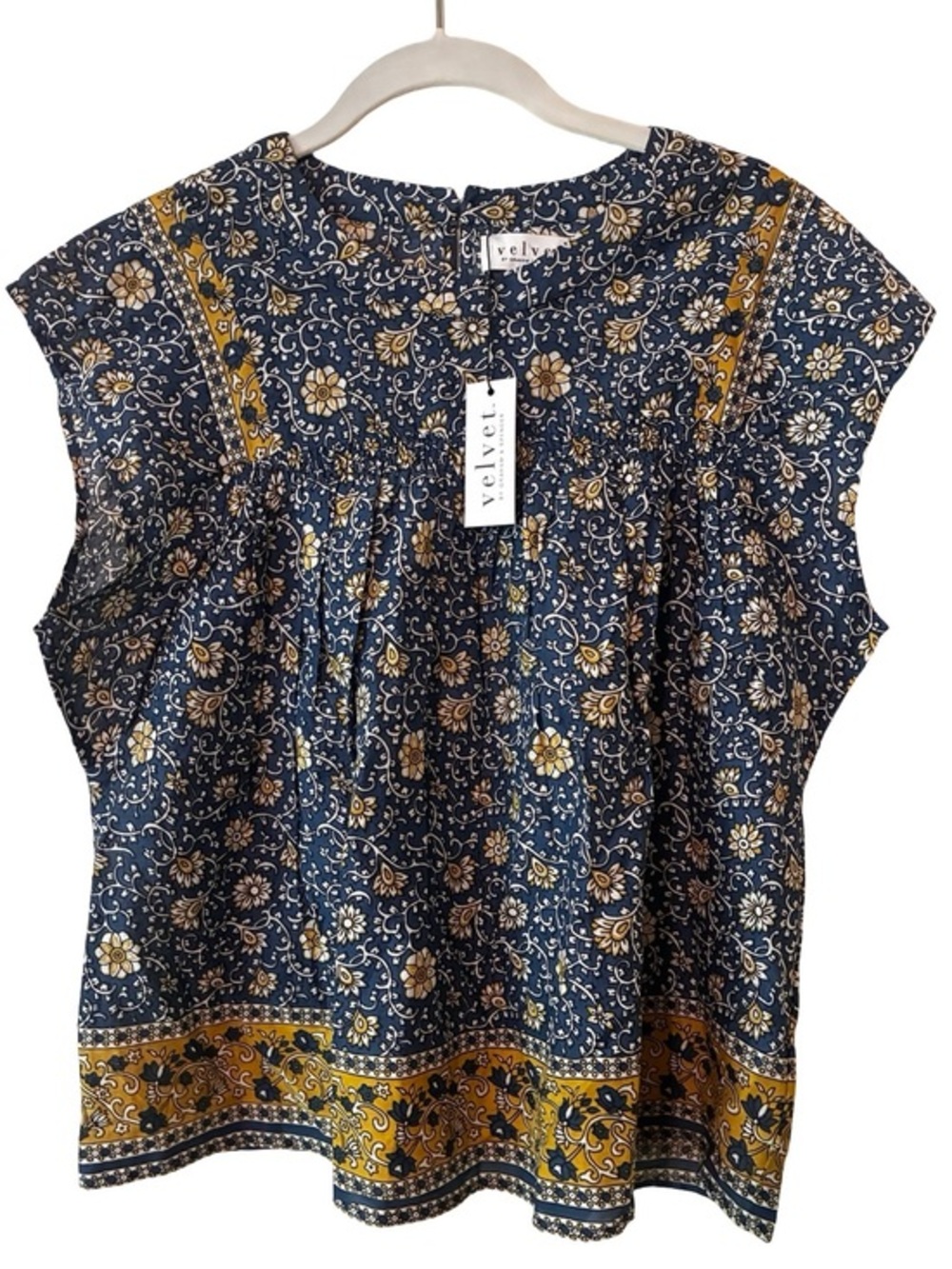 Velvet by Graham & Spencer Navy Floral Cap-Sleeve Blouse with Mustard Border